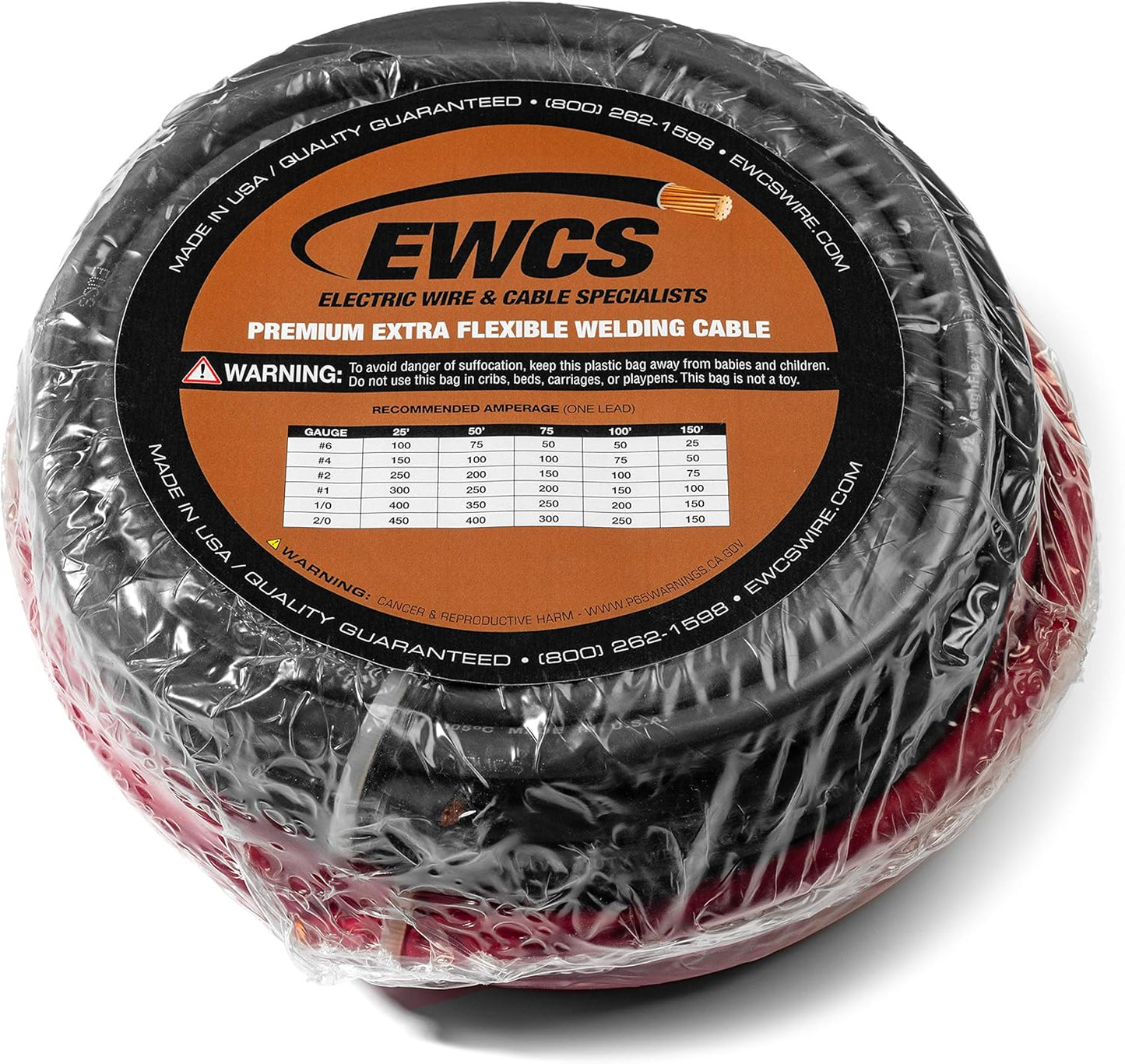 1/0 Gauge EWCS Brand - 25 Feet Each Black + Red - 100% Copper Premium Industrial Grade Extra Flexible Welding Cable 600 Volt Black+Red Combo Pack