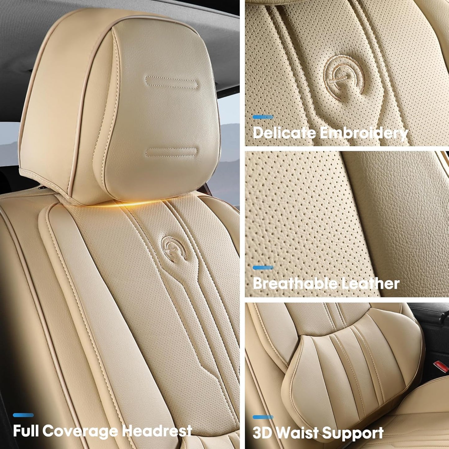 AOOG Car Seat Covers Full Set, Leather Seat Covers for Car, Waterproof Car Seat Protector with Lumbar Support, Automotive Seat Covers Universal Fit for Most Cars SUV Trucks (Full Set, Beige)