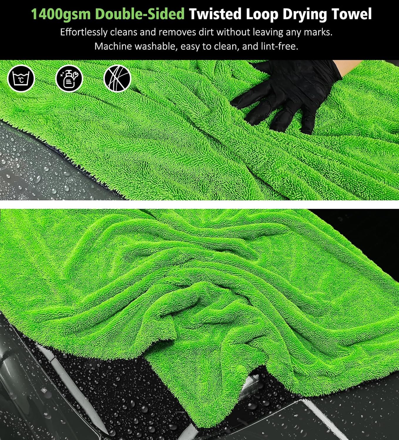 28" x 36" Car Drying Towel Extra Large, 1400 GSM Double Sided High Absorbent Car Wash Drying Towels, No Scratches or Streaks, Quick Dry Microfiber Towels for Cars Truck SUV, Green