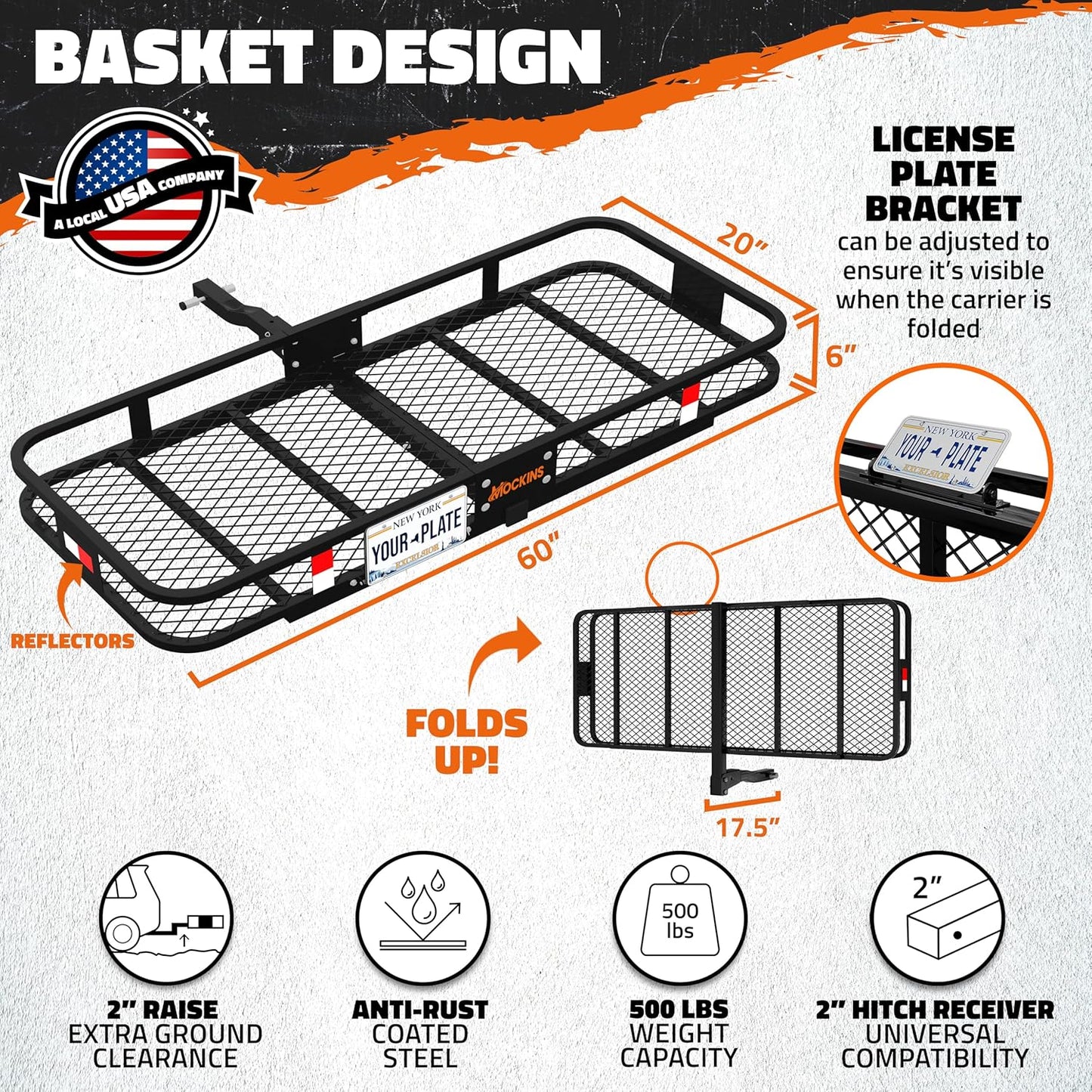 Mockins 60"x20"x6" Heavy Duty Trailer Hitch Cargo Carrier w/License Plate Holder & 16 Cu.Ft. Waterproof Cargo Bag for Hitch Carrier | All-Weather 500 Lbs. Cap Folding Luggage Rack for SUV Car & Truck